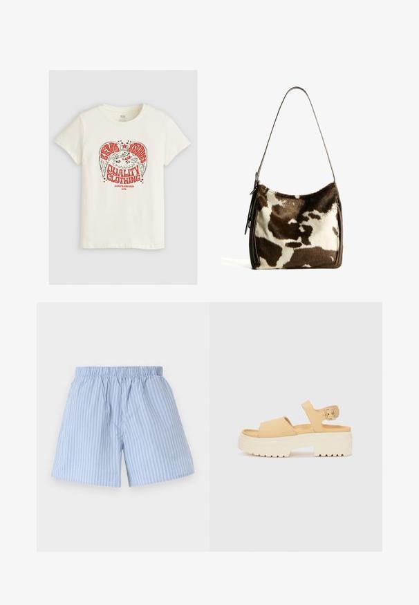 Levi's® THE PERFECT TEE - T-shirts print - eagle sugar swizzle; Lys blå shorts med lodrette hvide striber, elastisk talje, afslappet pasform og glat tekstur, der er velegnet til afslappet brug.; Gule faux læder sandaler med en kraftig hvid platformssål. Har to brede stropper og en justerbar ankelstrop med en metal spænde.; Brun og creme farvet koe læder skuldertaske med en glat læderrem, lynlås lukning og en blød, tekstureret overflade med et naturligt mønster.