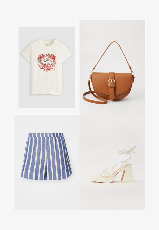 Levi's® THE PERFECT TEE - Tričko s potlačou - eagle sugar swizzle; Modré a biele pruhované šortky s elastickým pásom, z ľahkého materiálu, ponúkajúce voľný strih a postranné rozparky na leme.; Biele sandále na vysokom opätku s hrubým podpätkom, s pruhovaným dizajnom a viazaním na členku. Hladký povrch s platformou vpredu pre zvýšenú výšku.; Hnedá kožená kabelka cez telo s zakriveným tvarom, zlatými kovovými doplnkami a akcentom s prackou. Obsahuje odnímateľný ramenný popruh.