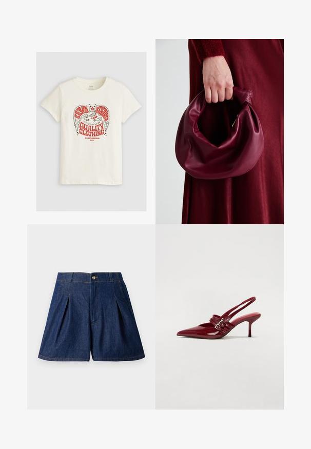 Levi's® THE PERFECT TEE - Nyomott mintás póló - eagle sugar swizzle; Sötétkék denim bermuda nadrág, pliszírozott, gombos záródással és oldalsó zsebekkel. Jellemzője a látható varrás és a sima textúra.; Piros lakkbőr slingback sarokcipő, hegyes orral, két csatoló pánttal és vékony, közepes magasságú stiletto sarokkal. Simább textúrájú.; Burgundi bőrtáska puhán ráncolt dizájnnal és kerek alakban. A fogantyú rögzítve van, sima textúrával rendelkezik.