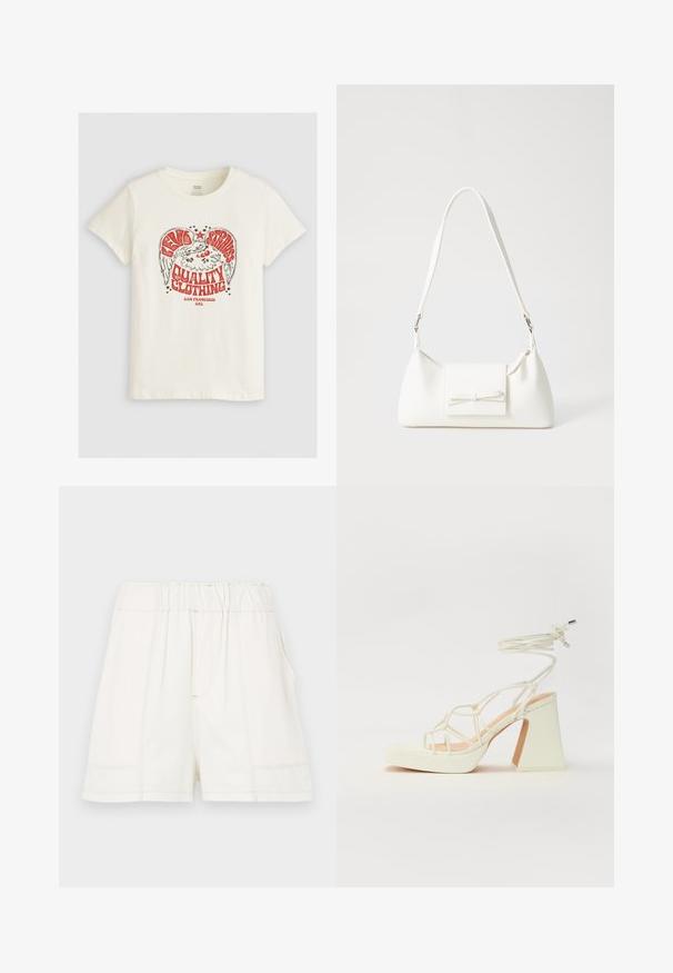 Levi's® THE PERFECT TEE - Tricou cu imprimeu - eagle sugar swizzle; Pantaloni scurți din bumbac alb, cu un tiv elastic, dotati cu buzunare laterale și detalii de cusătură vizibile pentru un plus de textură.; Sandale albe cu toc înalt și gros, cu un design cu curele și legătură la gleznă. Textură netedă, cu o platformă frontală pentru înălțime suplimentară.; Geantă sintetică albă, cu formă triangulară, capac frontal plat și detaliu cu fundă, curea ajustabilă, textură netedă și design minimalist.