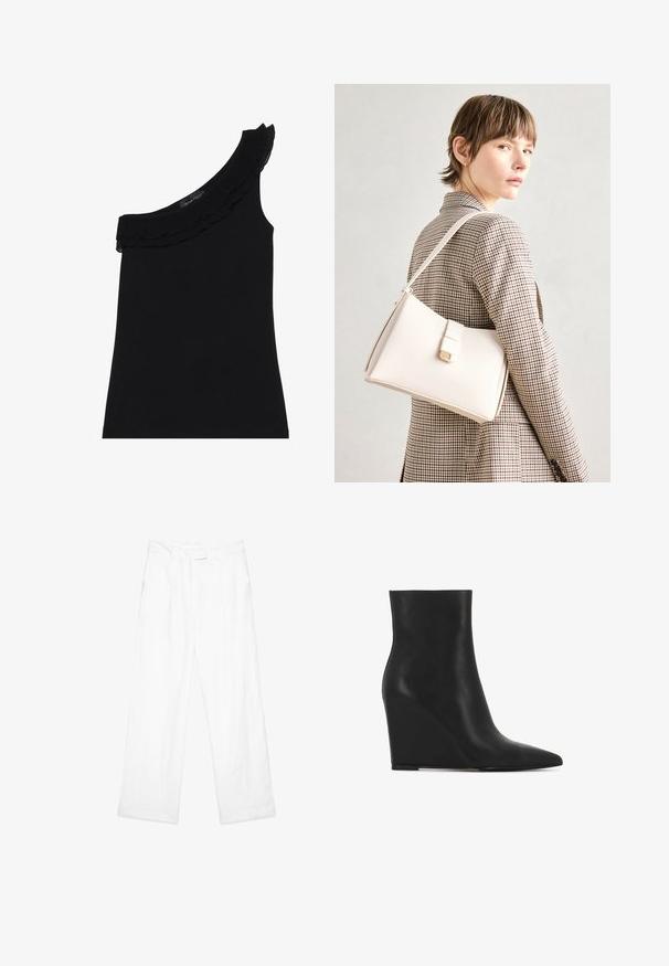 Črn top na eno ramo z nabranim ovratnikom. Gladka, raztegljiva tkanina. Preprost in prilegajoč dizajn, brez dodatnih vzorcev ali akcentov.; Beli laneni hlače z ohlapnim krojem, ravnimi nogami, sprednjimi žepi in ravnim pasom. Gladka tekstura po celotni površini.; Črne gležnjarje na wedge peto iz teksturirane usnje; imajo koničast nos in gladko, elegantno obliko z oblinami.; Bela usnjena torba s strukturirano zasnovo, opremljena z magnetnim zapiranjem in naramnico, prikazana na nevtralni ozadju.