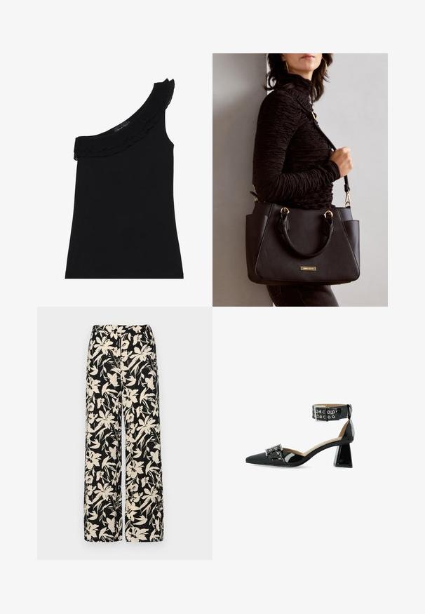 Mustmust, ühele õlale lähedal olev tipp, millel on volangidega kaelus. Sile ja veniv kangas. Lihtne ja tihe disain, ilma lisakujunduste või aktsentideta.; Mustad laiad püksid kreemja lillemustriga. Valmistatud kergest kangast, millel on sile tekstuur ja kõrge vöökoht.; Must kaal lakknahk kõrge kontsaga king, millel on terav nina, pahkluu rihm ja metallne pandla detail; omaduseks on jäme, läbipaistev konts.; Musthave must kott, millel on tekstuurne pind, kaks ülemist käepidet ja reguleeritav õlarihm. Omab kuldse tooni riistu ja külgtaskuid.