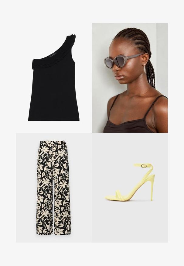Top negru, cu o umăr, având o linie de gât croită cu volane. Material neted și elastic. Design simplu și ajustat, fără tipare sau accente suplimentare.; Pantaloni negri cu croi larg, decorati cu un model floral crem. Fabricati dintr-un material usor, avand o textura neteda si un talie inalta.; Sandale cu toc înalt din piele lăcuită galbenă, cu două curele frontale și o curea la gleznă dotată cu un cataramă. Design cu toc subțire și ascuțit.; Ochelari de soare supradimensionați gri, cu formă rotundă și lentile închise la culoare. Rame din plastic elegante, cu un finisaj neted. Modelul are părul împletit.