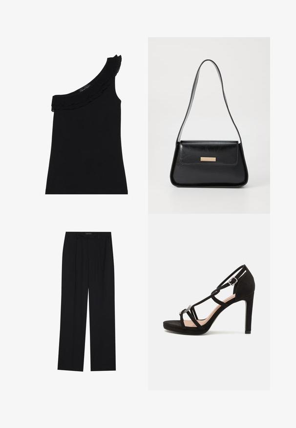 Top negro de un solo hombro con un escote con volantes. Tela suave y elástica. Diseño simple y ajustado, sin patrones ni acentos adicionales.; Pantalones negros con un diseño de pierna recta, que cuentan con dos bolsillos frontales y una cinturilla. Fabricados con una tela suave y ligera.; Sandalia de tacón alto de ante negra con correas entrecruzadas, un acento decorativo en tono plateado y una suela con plataforma para mayor altura.; Bolso de mano de cuero negro con una forma triangular estructurada, correa delgada y herrajes en tono dorado que presentan una placa de logo en la solapa frontal.