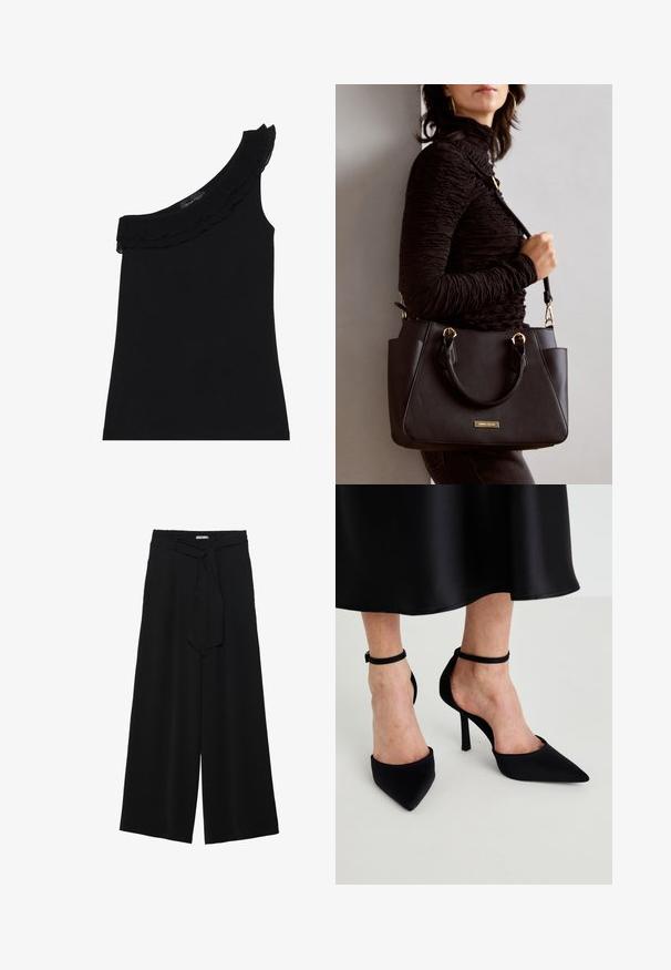 Černý top na jedno rameno s volánkovým výstřihem. Hladká, elastická látka. Jednoduchý a přiléhavý design, žádné další vzory nebo akcenty.; Černé kalhoty s širokými nohavicemi, vyrobené z texturované tkaniny, s elastickým pasem a odnímatelným páskem na úpravu velikosti.; Černé lodičky s špičatou špičkou vyrobené z hladké tkaniny se stiletto podpatkem a úzkým řemínkem kolem kotníku, s otevřeným bočním designem.; Černá kabelka s texturovaným povrchem, dvojitými horními uchy a nastavitelným ramenním popruhem. Obsahuje zlaté kovové prvky a boční kapsy.
