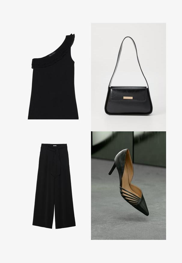 Svart, en-skulder topp med volangkanting. Glatt, elastisk stoff. Enkel og tettsittende design, uten ekstra mønstre eller detaljer.; Svart vide bukser med teksturert stoff, elastisk midje og avtagbart belte som gir justerbar passform.; Sorte høyhelte sko med spiss tå, teksturert overflate og distinkte utskjæringer på sidene, vist mot en nøytral bakgrunn.; Svart lærveske med en strukturert, triangulær form, tynn stropp og detaljer i gulltone som har en logo-plakett på den fremre klaffen.