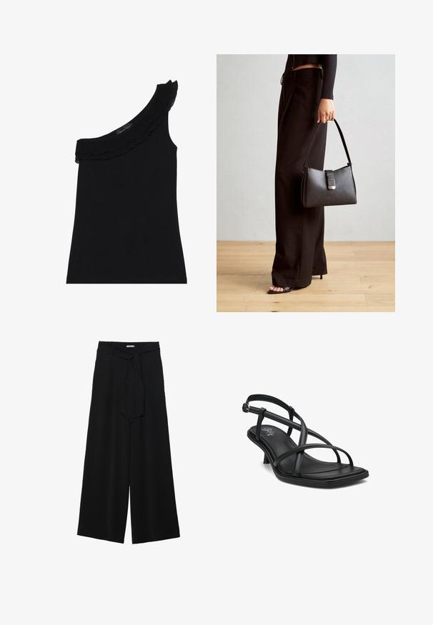 Crni top s jednim ramenom i naboranim izrezom. Glatka, rastezljiva tkanina. Jednostavan i prilagođen dizajn, bez dodatnih uzoraka ili naglasaka.; Crne široke hlače od teksturirane tkanine, s elastičnom pojasom i odvojivim remenom na struku za prilagodivo pristajanje.; Crne kožne sandale s remenom, s više ukrštenih traka, kvadratnim vrhom, minimalnim potplatima i glatkom teksturiranom uložkom. Srebrni detalj s kopčom.; Crna torba s oblikom koji sadrži strukturu, glađu teksturu i metalnu kopču. Uparena s širokim crnim hlačama i sandalama na otvorenom s drvenog poda.