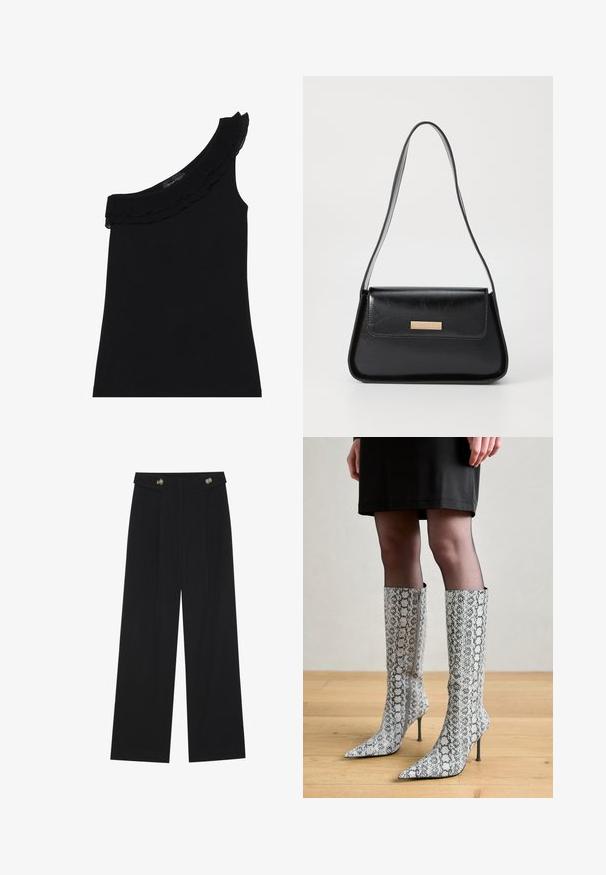Haut noir à une épaule avec un col volanté. Tissu lisse et extensible. Design simple et ajusté, sans motifs ni accents supplémentaires.; Pantalons larges noirs à taille haute, avec des détails de boutons à la taille et des plis sur le devant.; Bottes haute au genou à bout pointu en imprimé serpent, avec un motif texturé gris et blanc, des talons aiguilles et une fermeture éclair sur le côté.; Sac à main en cuir noir avec une forme triangulaire structurée, une fine sangle et des détails en métal doré, comportant une plaque logo sur le rabat avant.