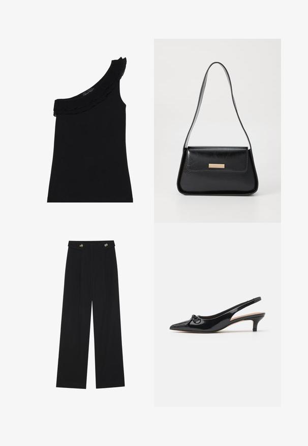 Black, one-shoulder top with a ruffled neckline. Smooth, stretchy fabric. Simple and fitted design, no additional patterns or accents.; Black wide-leg trousers with high waist, button details on waistband, and front pleats.; Black patent leather slingback shoe with a pointed toe, small heel, and a decorative bow detail on the vamp. Smooth texture overall.; Black leather handbag with a structured triangular shape, slim strap, and gold-tone hardware featuring a logo plaque on the front flap.