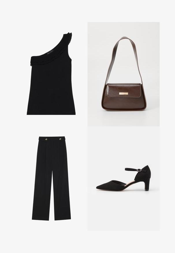 Schwarzes, einseitiges Oberteil mit einem rüschendekorierten Ausschnitt. Glattes, elastisches Material. Einfaches und figurbetontes Design, ohne zusätzliche Muster oder Akzente.; Schwarze weite Hosen mit hoher Taille, Knopfdetails am Bund und vorderen Falten.; Schwarze Wildleder-Pumps mit spitzem Zehenbereich, Fesselriemen mit runder Schnalle und niedrigem Blockabsatz. Glatte Textur und minimalistisches Design.; Braune Lederschultertasche mit strukturierter Form, ausgestattet mit einem magnetischen Klappenverschluss und einem metallischen Logoakzent auf der Vorderseite.