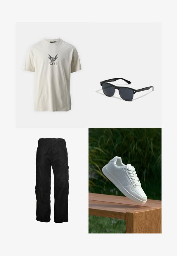 Kremkrāsas kokvilnas T-kreklis ar grafikas dizainu, kurā attēlots eņģelis ar spārniem, zem attēla melnā krāsā ir vārds "AMOUR".; Melni bikses, kas izgatavotas no kokvilnas, ar vairākiem sānu kabatām, elastīgu jostu un brīvu piegriezumu. Gluda tekstūra ar šuvju detaļām.; Baltie sporta apavi ar gludu sintētisku augšpusi, perforētu pirkstu daļu, plakani šņorēm un rakstainu zoli, novietoti uz koka virsmas.; Melnas saulesbrilles ar taisnstūra formu, tumšiem stenģiem, sudraba akcentiem pie tempļiem un matētu apdari uz rāmja.
