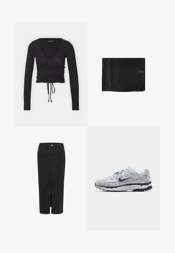 Top corto de manga larga negro acanalado con un profundo escote en V, detalles fruncidos en la parte delantera y lazo ajustable en el dobladillo.; Falda midi de denim negra con abertura frontal, corte recto, cinco bolsillos, cierre de botón y trabillas para cinturón. Textura suave y diseño clásico.; Zapatillas Nike P-6000 con parte superior de malla gris claro, acentos negros y suela de goma negra duradera. Presentan un diseño intrincado y un sistema de cordones.; Trozo de tela negra, texturizada con un leve brillo. Presenta una forma rectangular y un pequeño acento de hardware en uno de los bordes.; Bolso de mano de cuero negro acolchado con cadena dorada y detalle del logo. Forma rectangular, textura suave, con cierre de solapa.