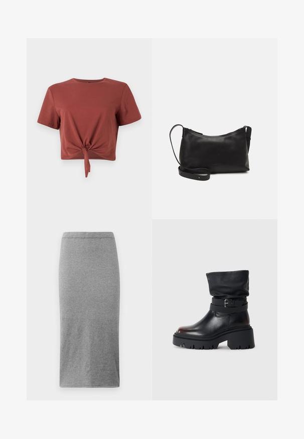 Rostfärgad kortärmad t-shirt i mjuk bomull med knuten detalj framtill. Slät textur, rund halsringning.; Grå knälång kjol tillverkad av mjukt, stretchigt tyg. Den har en enkel, kroppsnära design med resårmidja och en slät yta.; Svart läderankelskatt med en slapp ovansida, spänne och tjock, robust sula. Har en rund tå och en slät textur.; Svart läder axelväska med en slät yta, rundad form, justerbar rem och dragkedjestängning. Minimalistisk design utan utsmyckningar.