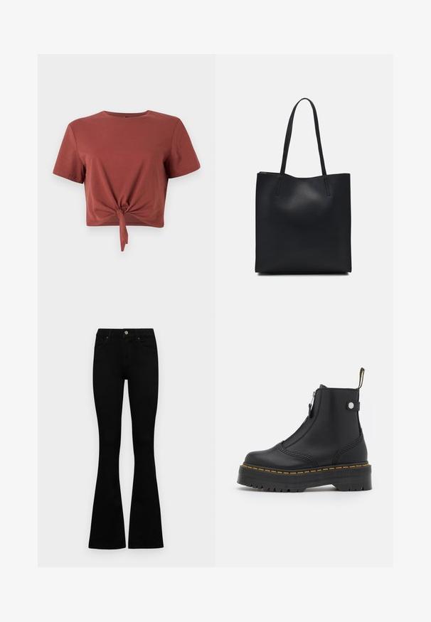 Rūsganbrūns īsais krekls no mīksta kokvilnas ar īsām piedurknēm un mezglotu priekšējo daļu. Gluda tekstūra, noapaļots kakla izgriezums.; Melni augsta jostas šorti ar pogu un rāvējslēdzēju, priekšējām kabatām un izplestām kājām, nolikti uz balta fona.; Melnas potītes zābaki, kas izgatavoti no gludas ādas, ar sānu rāvējslēdzēju, dzeltenu diegu un biezu, rievotu gumijas zoli.; Melnas ādas somiņa ar gludu tekstūru, taisnstūra formu un divām garām rokturiem. Nav redzamu aparatūras vai rotājumu.