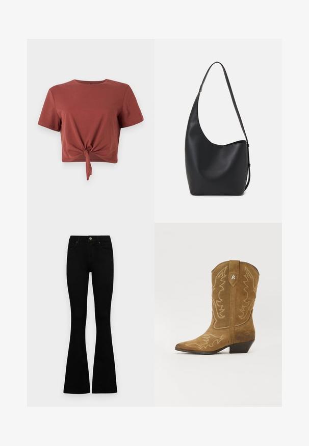 Roostevärvi lühikeste varrukatega pehme puuvillane lühike särk, millel on sõlmedetail ees. Sile tekstuur, ümmargune kaelus.; Mustad kõrge vöökohtadega teksad, millel on nööp ja lukuga sulgemine, esikäe taskud ja laienevad sääred, asetatud tasasele valgele taustale.; Pruun nahast kauboisaapad terava varbaga, keeruka valge õmblusega ja nurga all konts. Omab dekoratiivset disaini varres ja ülemisel sildil.; Mustast nahast hobo kott, millel on sile tekstuur, kumer kuju ja üks reguleeritav rihm; peal on lai avaus.