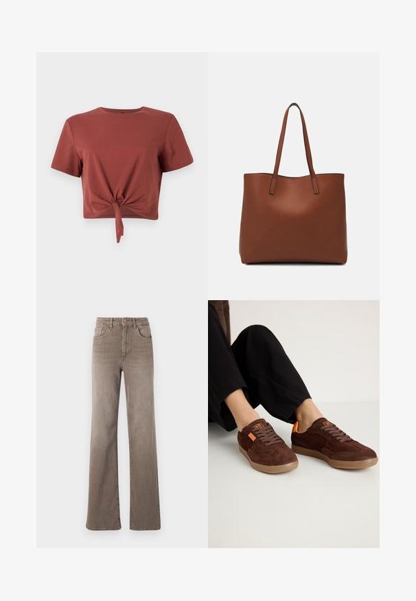 Kratký rust-colored tričko z měkké bavlny s krátkými rukávy a uzlovým detailem v přední části. Hladká texture, kulatý výstřih.; Hnědé džínsy s vysokým pasem, rovné nohy, předním knoflíkem, poutky na opasek a klasickým designem pěti kapes na bílém pozadí.; Hnědé semišové tenisky s kulatou špičkou, texturovaným svrškem a oranžovými akcenty. Mají ploché šňůrky a gumovou podrážku.; Hnědá kožená taška přes rameno s hladkou texturou, otevřeným designem a dvěma ramenními popruhy. Obsahuje minimální švy a žádné viditelné kovové prvky.