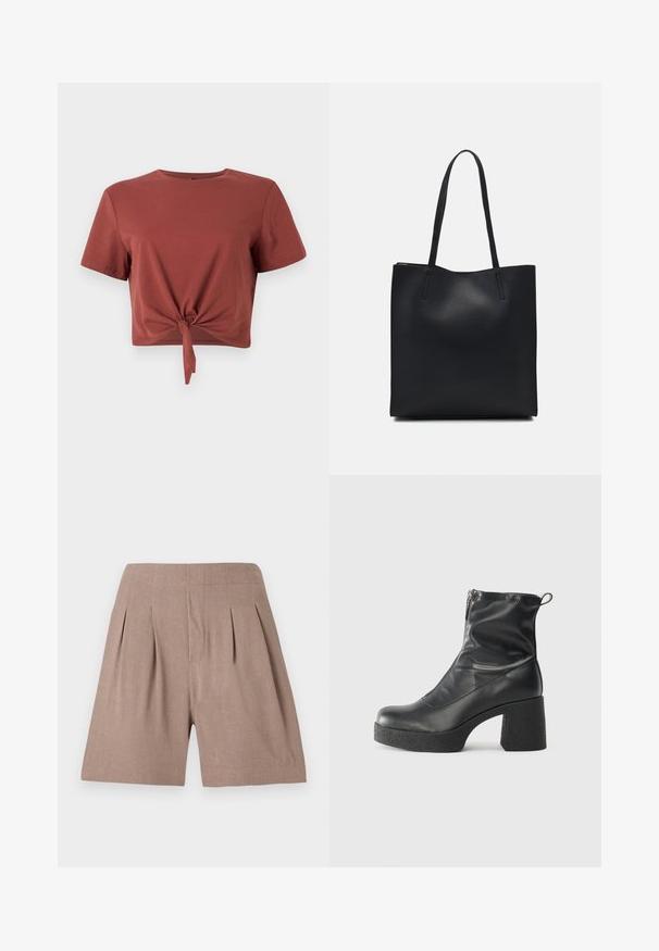 Rostfarbiges, kurzes T-Shirt aus weicher Baumwolle mit kurzen Ärmeln und einem geknoteten Vorderteil. Sanfte Textur, runder Ausschnitt.; Braune, plissierte Shorts aus einem leichten Material, das eine glatte Textur und einen maßgeschneiderten Schnitt aufweist, mit einem klaren, minimalistischen Design.; Schwarze Stiefeletten aus glattem Leder mit seitlichem Reißverschluss, klobigem strukturiertem Absatz und runder Zehenform.; Schwarze Laptoptasche aus Leder mit glatter Textur, rechteckiger Form und zwei langen Griffen. Keine sichtbaren Beschläge oder Verzierungen.