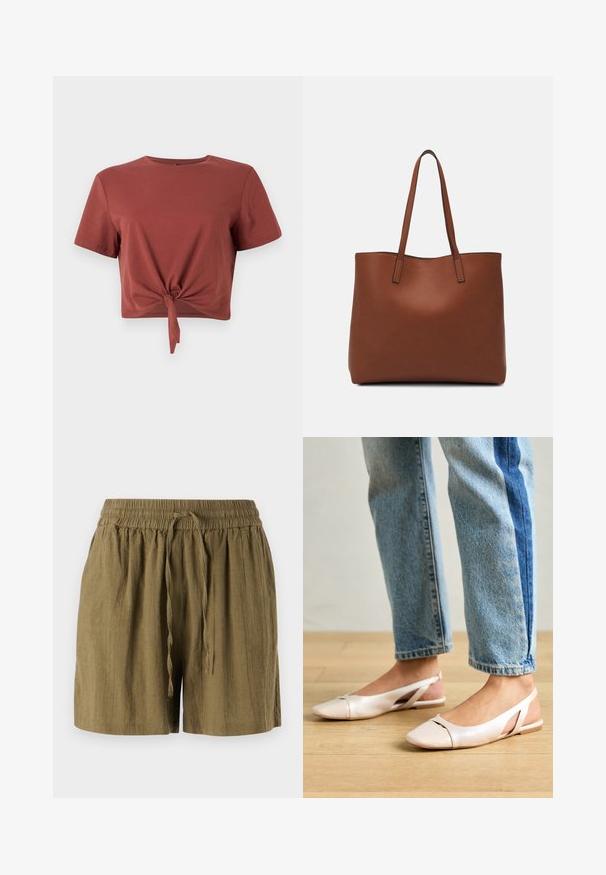 T-shirt court de couleur rouille en coton doux avec des manches courtes et un détail noué à l'avant. Texture lisse, col rond.; Shorts pull-on verts olive en tissu léger, dotés d'une taille élastique et d'un cordon de serrage, avec une coupe décontractée et ample.; Ballerines slingback rose pâle avec un bout pointu, fabriquées en un matériau semblable au cuir lisse. Présentent des découpes sur les côtés et un talon plat.; Sac fourre-tout en cuir marron avec une texture lisse, design à ouverture supérieure et deux poignées pour le porter à l'épaule. Présente des coutures minimales et aucun matériel visible.