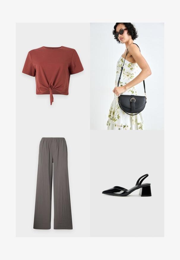 Rust-colored cropped t-shirt in soft cotton with short sleeves and a knotted front detail. Smooth texture, round neckline.; Wide-legged trousers in a textured, dark gray fabric. Features an elastic waistband and stitched hem.; Black patent leather slingback heels with a pointed toe and a geometric block heel. Features a sleek, minimal design and smooth texture.; Black leather handbag with a curved shape, detachable strap, and gold hardware. The bag features a flap with a buckle detail.