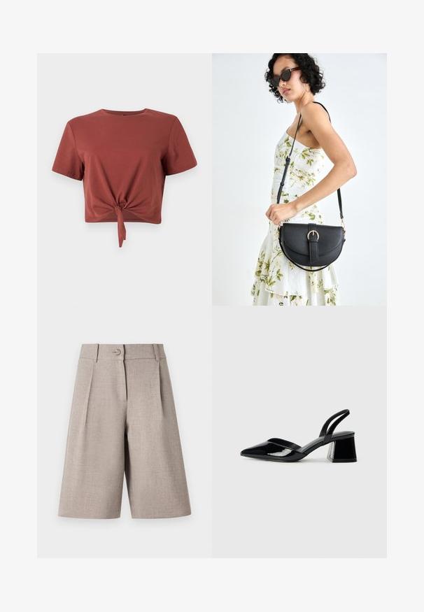 Rūsganbrūns īsais krekls no mīksta kokvilnas ar īsām piedurknēm un mezglotu priekšējo daļu. Gluda tekstūra, noapaļots kakla izgriezums.; Bēši pielāgoto šortus ar izgriezumiem, kas aprīkoti ar pogu aizdari un gludu tekstūru, izstrādāti strukturētai, mūsdienīgai siluetam.; Melna lakota āda ar atvērto papēdi, ar smailu purngalu un ģeometrisku blokpapēdi. Iezīmējas elegants, minimāls dizains un gluda tekstūra.; Melnas ādas rokassoma ar izliekta formu, noņemamu siksnu un zelta aksesuāriem. Somai ir vāciņš ar sprādzes detaļu.