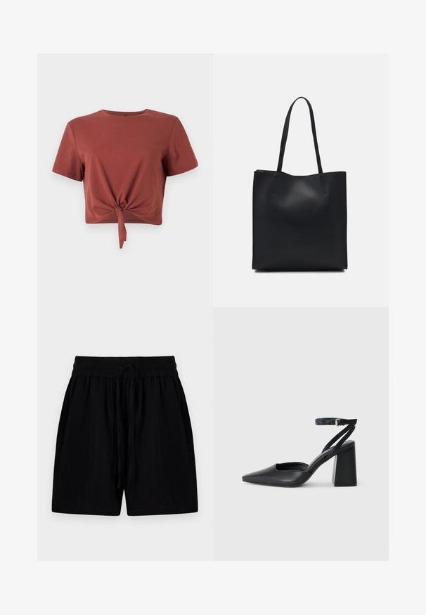 Rust-colored cropped t-shirt in soft cotton with short sleeves and a knotted front detail. Smooth texture, round neckline.; Black shorts made of lightweight fabric with a drawstring waistband, featuring side pockets and a textured surface.; Black leather pointy-toe pump with an ankle strap and a chunky heel. Flat texture, sleek design, and minimalistic aesthetics.; Black leather tote bag with smooth texture, rectangular shape, and two long handles. No visible hardware or embellishments.