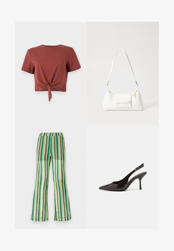 Roestkleurig cropped T-shirt van zacht katoen met korte mouwen en een geknoopt voorpand. Soepele textuur, ronde halslijn.; Gebreide flared broek met een zigzagpatroon in tinten groen, bruin en crème; rekbare tailleband; gestructureerd oppervlak.; Slingback hoge hak schoen in glanzend donkerbruin patentleer, puntige neus, open zijkanten en verstelbare enkelband.; Witte synthetische handtas met een driehoekige vorm, platte voorklep en strikdetail, verstelbare schouderriem, gladde textuur en minimalistisch ontwerp.