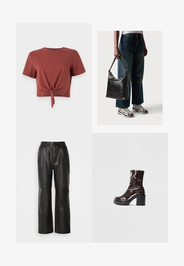 Rudens spalvos trumpas medvilninis marškinėliai su trumpomis rankovėmis ir suknietu priekyje. Lygus paviršius, apvalus kaklo išpjova.; Juodos odinės plačios kelnės su lygiu paviršiumi, turinčios aukštą liemenį, priekinėmis raukšlėmis ir matomomis siūlėmis. Be kišenių ar puošmenų.; Blizgus burgundių spalvos kulknapis su tankiu juodu kulnu, pasižymintis lygiu paviršiumi ir paprastu dizainu. Nėra matomų užsegimų ar raštų.; Juodas odinis peties krepšys su lygiu paviršiumi ir reguliuojama dirželiu, derinamas su nublukusiais plačiapurčiais džinsais ir sportiniais batais.