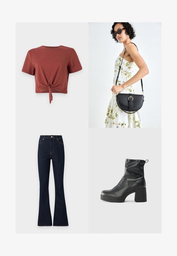 Rust-colored cropped t-shirt in soft cotton with short sleeves and a knotted front detail. Smooth texture, round neckline.; Dark blue denim flared jeans with a high waist, featuring golden stitching, front pockets, and a metal button closure.; Black ankle boots made of smooth leather, featuring a side zipper, chunky textured heel, and rounded toe design.; Black leather handbag with a curved shape, detachable strap, and gold hardware. The bag features a flap with a buckle detail.