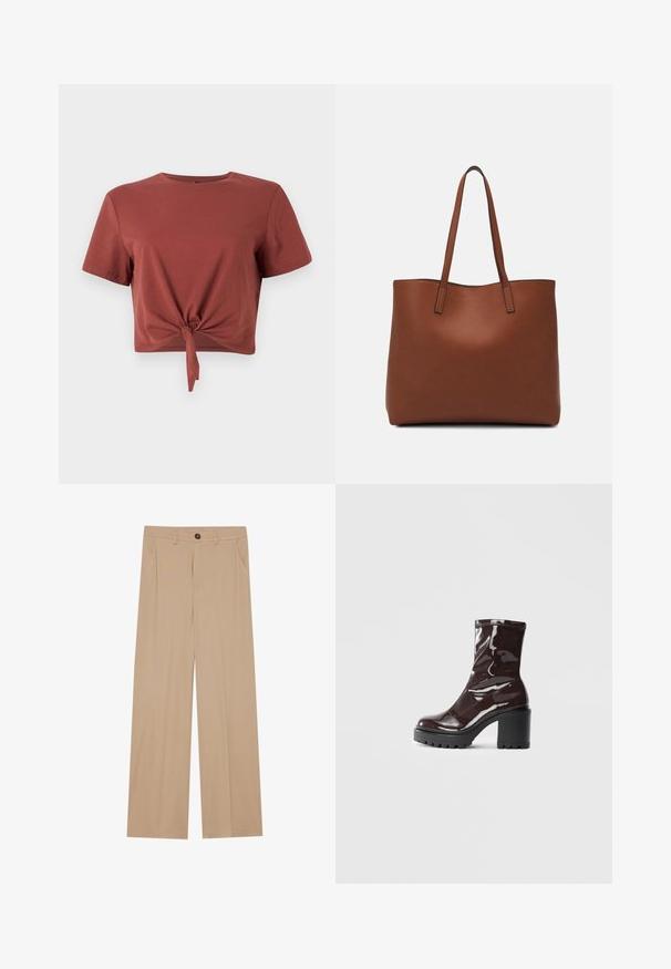 Hrdzavohnedý krátky tričko z mäkkej bavlny s krátkymi rukávmi a detailom s uzlom vpredu. Hladká textura, okrúhly výstrih.; Béžové nohavice so širokými nohavicami a hladkou textúrou, s dvoma bočnými vreckami, predným zapínaním na gombík a jemnými záhybmi pre dodatočný detail.; Lesklé burgundské kotníkové boty s robustním černým podpatkem, s hladkou strukturou a jednoduchým designem. Bez viditelných zapínání nebo vzorů.; Hnedá kožená taška na rameno s hladkou textúrou, otvoreným vrchom a dvoma ramenými popruhmi. Má minimálne šitia a žiadne viditeľné kovania.