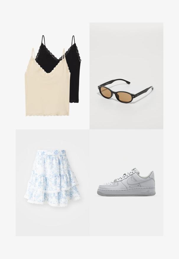 Dve tielka: jedno krémové a jedno čierne. Obidva majú čipkovaný lem okolo výstrihu a spodného okraja, s nastaviteľnými ramienkami.; Krémová blúzka s volánovým výstrihom, dlhými rukávmi a rozšírenými manžetami a so stupňovaným lemom. Látka má jemné bodky.; Viacerozmý modrý kvetinový sukňa vyrobená z ľahkej tkaniny. Obsahuje biely čipkovaný lem pozdĺž spodného okraja a elastický pás pre pohodlie.; Biele kožené tenisky s nízkym strihom, okrúlou špičkou, perforovanými detailmi a textúrovanou gumovou podrážkou. Obsahujú šedé akcenty na jazyku.; Čierne slnečné okuliare s oválnymi rámami, hnedými tónovanými šošovkami a striebornými akcentami na ráme. Hladký povrch a elegantný dizajn.