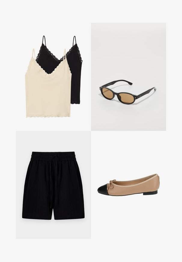 Two camisoles: one cream and one black. Both feature lace trim along the neckline and hem, with adjustable spaghetti straps.; Cream-colored blouse with a ruffled neckline, long sleeves with flared cuffs, and a tiered hem. Fabric features subtle polka dots.; Black shorts made of lightweight fabric with a drawstring waistband, featuring side pockets and a textured surface.; Ballet flat in beige leather with a black cap toe. Features a front bow detail and a smooth texture. Low profile design with a rubber sole.; Black sunglasses with oval frames, brown tinted lenses, and silver accent hardware on the frame. Smooth texture and sleek design.
