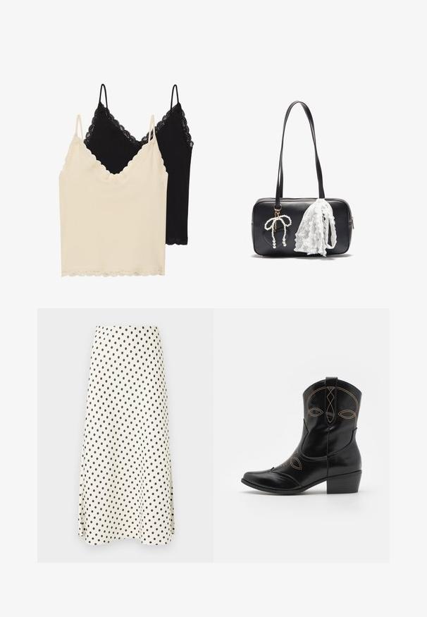 Divas topi: viens krēmkrāsas un otrs melns. Abi topi ar mežģīņu apdari ap kakla izgriezumu un apakšmalu, kā arī regulējamiem spageti siksniņām.; Ceļgala garuma svārki, kas izgatavoti no viegla auduma, ar krēmkrāsas fonu un melniem punktiem, kā arī paplatinātu siluetu.; Melnas ādas kovboju zābaks ar dekoratīvu oranžu izšuvumu un izgriezumu dizainu. Iekļauj īsu uzkrātās papēža un smailu purngalu.; Even&Odd Rokassoma - black