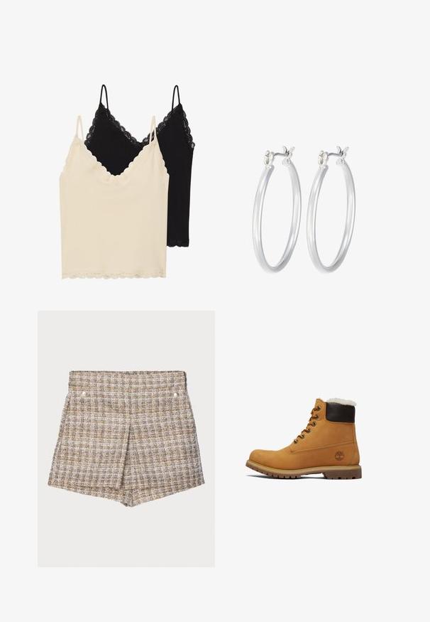 Dva topa: jedan krem i jedan crni. Obe imaju čipkaste detalje oko dekoltea i donjeg ruba, sa podešavajućim trakama.; Smeđe karirane kratke hlače od tkanine s teksturiranim završetkom, koje imaju dva srebrna dugmeta s kopčanjem sprijeda i kroj s jasnom strukturom.; Smešane kožne gležnjače u nijansi smeđe boje s debelim okovratnikom, metalnim šupljinama i teksturisanom, izdržljivom potplatom. Sadrži logo blizu pete.; Srebrne kružne naušnice s glatkom, poliranom površinom. Okrugli oblik i sigurno kopčanje na klik. Lagani dizajn pogodan za svakodnevno nošenje.