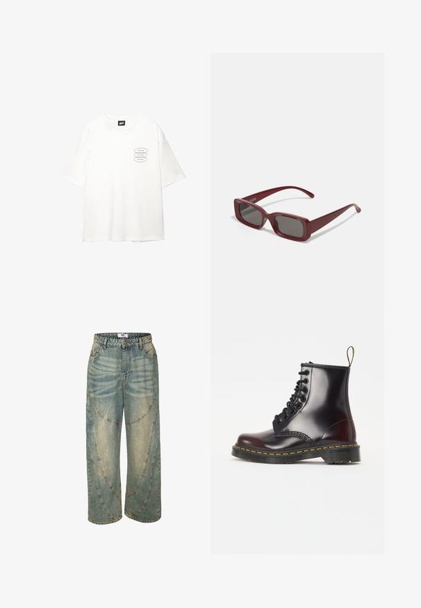 Fehér pamut póló rövid ujjakkal, kerek nyakkal és három fekete ovális grafikával szöveggel a bal oldalon. Simább anyag, laza szabás.; Világoskék, bő szárú farmernadrág magas derékkal, ívelt varrásokkal és kifinomult szegésekkel. Halványított foltokkal díszített farmerből készült.; Fekete bőr bokacsizma fényes felülettel, kerek orral, hét lyukú fűződizájnal és jellegzetes sárga varrással a talp mentén.; Bordó téglalap alakú napszemüveg sötét lencsékkel, vastag kerettel és letaperált szárakkal. Fényes műanyagból készült, sima textúrával.