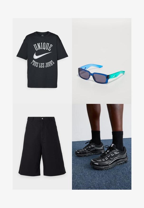 Musta puuvillainen T-paita, jossa on valkoinen teksti "UNIQUE TOUS LES JOURS" ja hopea Nike-logo. Klassinen pyöreä pääntie ja lyhyet hihat.; Mustat puuvillashortsit suorin leikkauksin, joissa on etutaskut, nappisuljenta ja materiaali, joka sopii vapaa-ajan käyttöön.; Mustat Nike-kengät, joissa on verkkomateriaali ja korostetut raidat, teksturoitu nauhoitus ja musta kumipohja. Yhdistetty mustiin ribbikurottimiin.; Siniset ja vihreät aurinkolasit, joissa on suorakulmaiset linssit; läpinäkyvät kehykset; teksturoidut siniset varret; tummat linssit; huomattava brändäys sivussa.