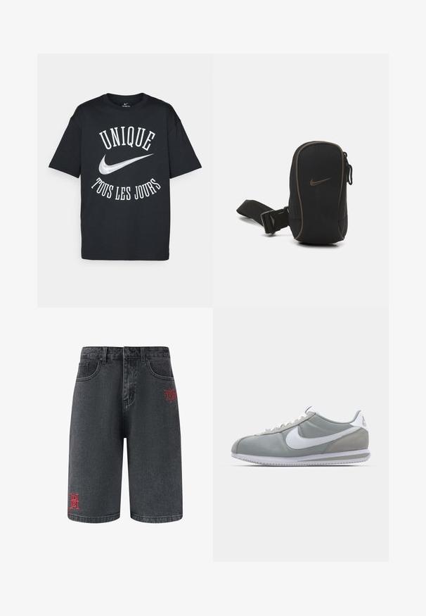 Zwarte katoenen T-shirt met de witte tekst "UNIQUE TOUS LES JOURS" en een zilveren Nike-logo. Klassiek ontwerp met ronde hals en korte mouwen.; Zwarte denim shorts met voorzakken en decoratieve rode borduursels op het linkerpootje, met een merklocatie en ontwerpschrift.; Grijze sportschoen met een bovenwerk van suede en textiel, witte Nike swoosh en witte veters. Heeft een gestructureerde rubberen zool en een gevoerde schacht.; Zwarte Nike pouch met ritssluiting, gestructureerde stof, bruine accenten en een afneembare schouderband. Voorzien van een opvallend Nike-logo aan de voorkant.