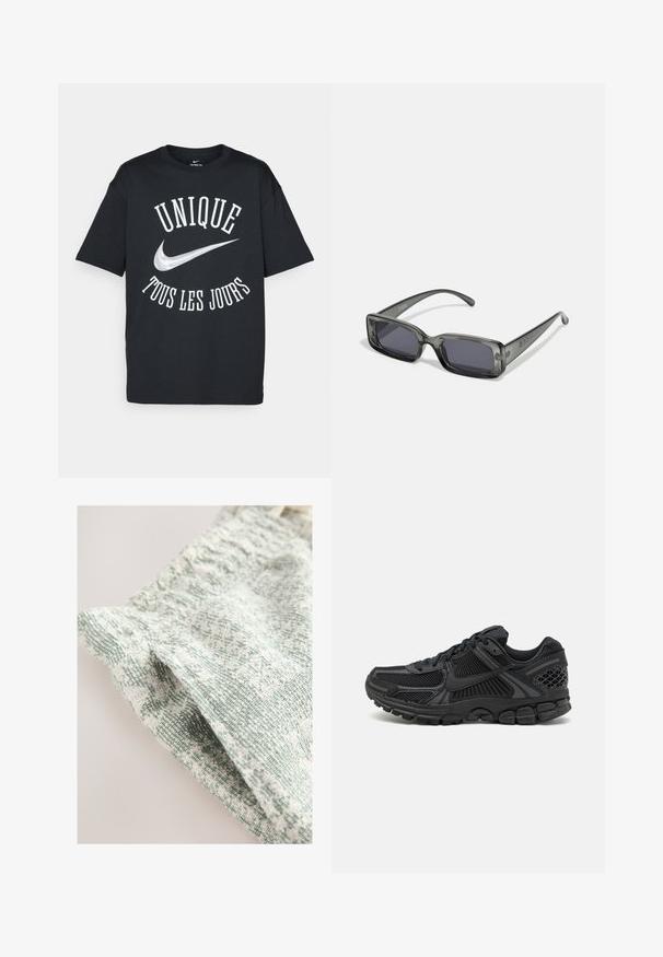 Tricou negru din bumbac, cu text alb "UNIQUE TOUS LES JOURS" și un logo Nike argintiu. Design clasic cu guler rotund și mâneci scurte.; Material texturat cu un design țesut în nuanțe de verde pal și alb. Prezintă o senzație moale și ușoară, cu un tipar subtil.; Pantofă sport neagră, cu superior din plasă, talpă din cauciuc și accente texturate. Designul include un sistem de șireturi pronunțat și talpă amortizantă.; Ochelari de soare rectangulari cu o ramă translucidă gri închis, lentile întunecate și brațe subțiri. Detaliu notabil al logo-ului pe ramă.