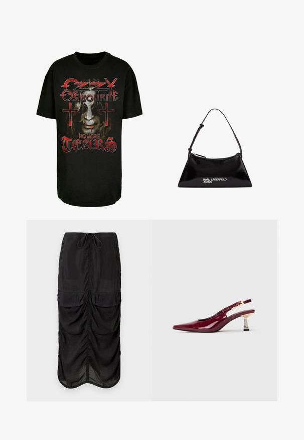 Mustat puuvillapaita, jossa on graafinen kuva pitkähiuksisesta kasvoista, punaiset yksityiskohdat ja teksti "Ozzy Osbourne No More Tears" ristit kuvattuna.; Mustat midi-hameet, jotka on valmistettu kevyestä kankaasta. Ominaisuuksiin kuuluu kerrostettu yksityiskohtaus, kaksi etutaskua ja säädettävä nyöri vyötäröllä.; Kirkas burgundinpunainen kärjetön slingback-kengä, jossa on kultakuvioinen solki ja keskipitkä metallinen lohkokanta valkoista taustaa vasten.; Mustan kiiltävän nahkan käsilaukku kolmion muotoisena, varustettuna ylhäältä avattavalla vetoketjulla ja säädettävällä hihnalla. "KARL LAGERFELD JEANS" -logo hopeisena.