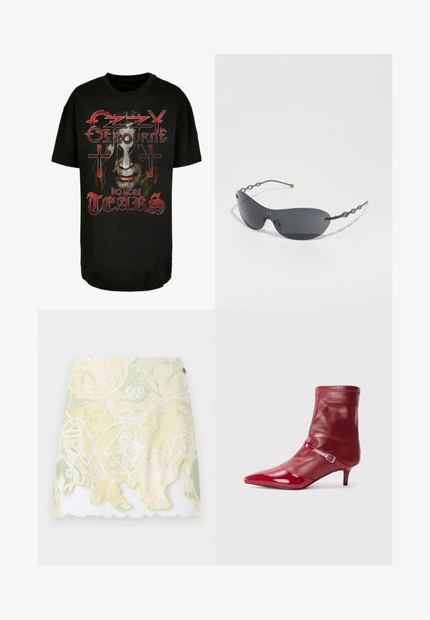 Črna bombažna majica s tiskom obraza z dolgimi lasmi, rdečimi akcenti in besedilom "Ozzy Osbourne No More Tears" s križi.; Kratka krila s tokom oblikovanja, ki ima svetlo rumen in zelen vzorec vijug, ter valovito rob z obrobo v svetlo rumeni barvi.; Rde sintetične gležnjarje z usko konico, sijočim zaključkom in ozkim peto. Imajo trak z kovinsko zaponko in elastični rob.; Sončna očala z temno sivo lečo, elegantno ukrivljeno obliko in značilnimi valovitimi kovinskimi ročaji. Površina je gladka z rahlo mat površino.; Črna lakasta usnjena torbica s trikotno obliko, opremljena z zgornjim zadrgo in nastavljivim trakom. Logotip "KARL LAGERFELD JEANS" v srebrni barvi.