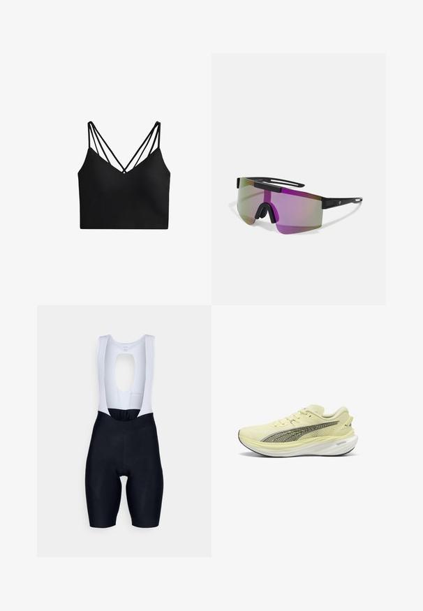 Zwarte cropped bralette met een diepe V-hals, voorzien van twee sets dunne bandjes die een kruisontwerp aan de achterkant creëren. Glad textuur van de stof.; Rapha WOMENS CORE - Korte fietsbroek met bandjes - black/white; Lichtgele hardloopschoen met bovenwerk van mesh, zwarte accenten, gevoerde kraag en een dikke witte tussenzool. Centraal logo aan de zijkant.; Sportzonnebril met een zwart frame, oversized paarse lenzen en een wikkeldesign met een dikke neusbrug en zijkanten.; Zwarte mesh hardloopvest met zijvakken voor waterflessen, verstelbare trekkoorden en een lichtgewicht ontwerp. Voorzien van ademende stof.