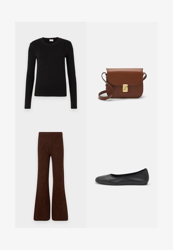 Black long-sleeve T-shirt made of soft, smooth fabric. Features a round neckline and fitted shape, with no visible patterns or accents.; Brown flared pants made of textured fabric, featuring a high waist and a smooth finish, with a wide leg silhouette. No visible hardware.; Black leather ballet flat with a rounded toe, smooth texture, minimal stitching detail, and a flexible sole design.; Brown leather handbag with a flap closure, gold-tone hardware, a shoulder strap, and a smooth texture. Compact rectangular shape.