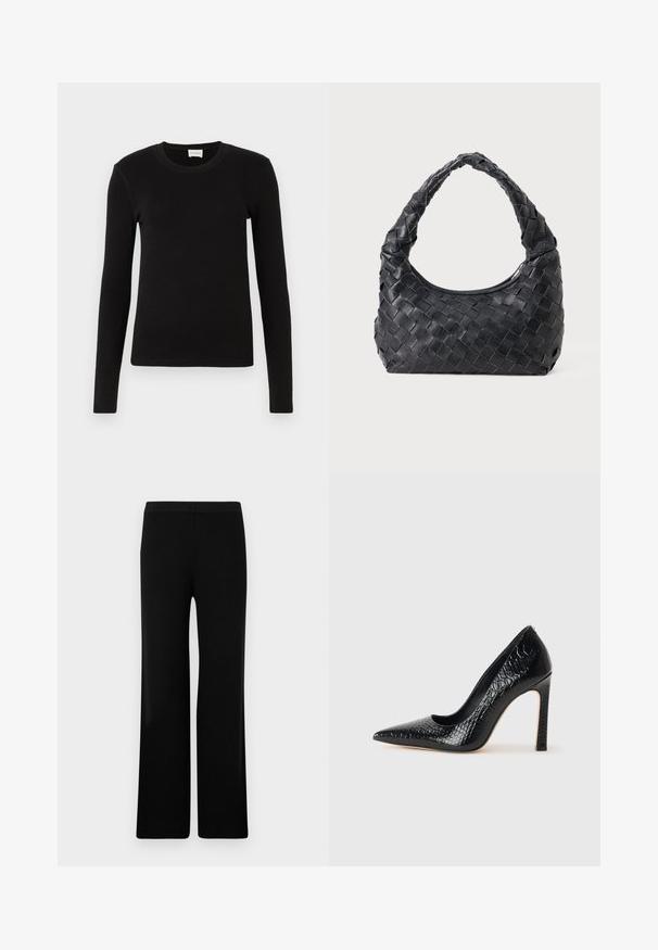 Musta pitkähiha T-paita, joka on valmistettu pehmeästä ja sileästä kankaasta. Ominaisuuksiin kuuluu pyöreä pääntie ja slim fit -malli, ilman näkyviä kuvioita tai yksityiskohtia.; Mustat leveät housut, joissa on sileä pinta ja joustavyysvyö, varustettu ribbikuvioinnilla. Yksinkertainen ja monikäyttöinen leikkaus.; Musta kapea nilkkakorkokenkä krokotiilin nahkakuviolla, joka on varustettu tyylikkäällä muotoilulla, korkealla stiletto-korkealla ja sileällä mustalla sisäosalla.; Musta nahkainen kudottu olkalaukku, jossa on pyöreä kahva ja kuun muotoinen runko tasaisella taustalla.