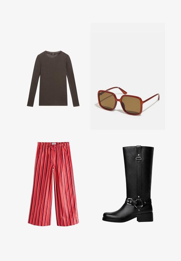 Langarm shirt van donkerbruin katoen met een ronde halslijn en een eenvoudige, gladde textuur. Geen graphics of versieringen aanwezig.; Next ON STRIPE WIDE LEG - Broek - red; Hoge zwarte neplederen laarzen met een ronde neus, accentriem met gespsleutel en een brede hak. Glad textuur en verticale naad op de schacht.; Rode vierkante zonnebril met bruin getinte lenzen. Dikke, glanzende monturen en slanke armen met kleine details aan de zijkant voor visuele interesse.; Bruine tote bag gemaakt van glad materiaal, met een grote voorkantzak, twee handvatten en een vereenvoudigd, gestructureerd ontwerp.