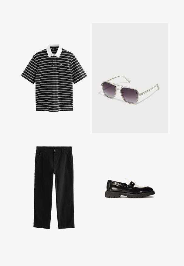 Polo majica s crno-belim prugama, s ravnim belim kragnom i kratkim rukavima. Ima mali logo na levoj strani grudi.; Črne bombažne hlače s ravnim krojem, ki vključujejo sprednjo gumbno zapiranje, nagnjene stranske žepke in subtilne šive.; Črne lakirane usnjene loafers čevlje z belim usnjenim poudarkom, debelim črnim gumijastim podplatom ter našitimi detajli. Gladka tekstura z sijočo površino.; Sončna očala s prozornim okvirom kvadratne oblike in gradientnimi sivočrnimi lečami. Tanke srebrne podrobnosti na ročajih dodajajo pridih elegance.