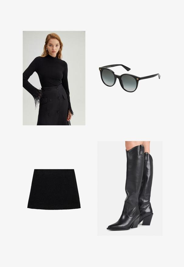 Top negru cu maneci lungi, cu guler înalt și accente de pene pe mansete, asortat cu o fustă neagră cu talie înaltă, prevăzută cu nasturi mari.; Fustă neagră în formă de A, realizată dintr-un material texturat, având o margine evazată și un bandă de talie netedă. Design simplu, fără modele sau accesorii metalice.; Cizme negre din piele, până la genunchi, cu vârf ascuțit, ioni curbat și toc masiv. Au o textură netedă și bucle pentru a fi trase pe sus.; Ochelari de soare negri, supradimensionați, cu lentile degradate. Cadru din plastic cu formă rotundă. Accent logo auriu pe lateral. Finisaj neted.; Geantă de umăr împletită neagră cu două mânere, având o suprafață texturată și o formă rectangulară. Design simplu și unic, fără hardware vizibil.
