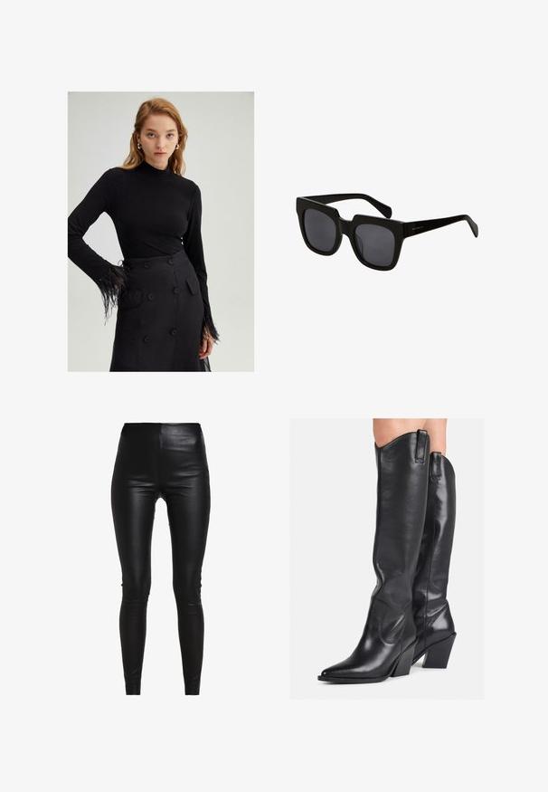 Černý top s dlouhými rukávy a krátkým límečkem, zdobený peřím na manžetách, v kombinaci s černou sukní s vysokým pasem, která má velké knoflíky.; Černé legíny z umělé kůže s vysokým pasem, přiléhavým střihem, hladkou texturou a bez viditelných švů nebo ozdob.; Černé kožené vysoké boty po kolena s špičatou špičkou, zakřiveným svrškem a robustním podpatkem. Mají hladkou texturu a poutka na vrchu.; Černé obdélníkové sluneční brýle s širokými plastovými obroučkami a tmavými skly. Stranice jsou štíhlé s lesklým povrchem a minimálním označením značky.; Černá tkaná taška přes rameno s dvěma držadly, která má texturovaný povrch a obdélníkový tvar. Jednoduchý, jedinečný design bez viditelného kovového příslušenství.