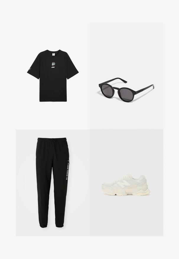 Čierne tričko s krátkym rukávom vyrobené z bavlny, so grafickým potlačou pretekárskeho prilby a loga na prednej strane a malým logom na rukáve.; Čierne zúžené teplákové nohavice s elastickým pásom a manžetami, biely text a logo "PUMA CREW '48" na ľavom stehne.; Ľahká teniska s vrchom z nylonovej sieťoviny a zamatovej kože v jemných krémových odtieňoch, so robustnou podrážkou a trojrozmernými akcentmi.; Čierne slnečné okuliare s okrúhlym, mierne vlnitým rámom, tmavými šošovkami a rovnými čiernymi nohami. Hladký, lesklý povrch bez viditeľných vzorov.
