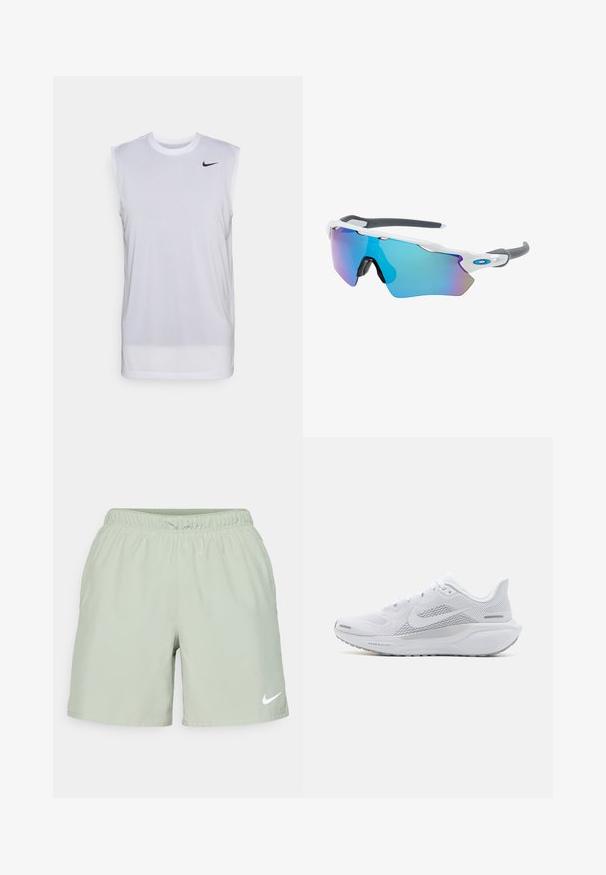 Biele bezrukávové športové tričko vyrobené z ľahkého materiálu. Má okrúhly výstrih a malú čiernu nálepku Nike na hornej ľavej strane.; Nike Performance CHALLENGER SHORT - Športové šortky - jade horizon/medium olive/black/reflective silver; Biele športové topánky s sieťovaným zvrškom, hladkými textúrovanými prekrytiami, šedými akcentmi, šnúrkami a odpruženou podrážkou navrhnutou pre výkon.; Slnečné okuliare s bielym rámom, so sivými akcentmi a modrými zrkadlovými sklami. Športový dizajn, okrúhly tvar a nastaviteľné nosové podložky.