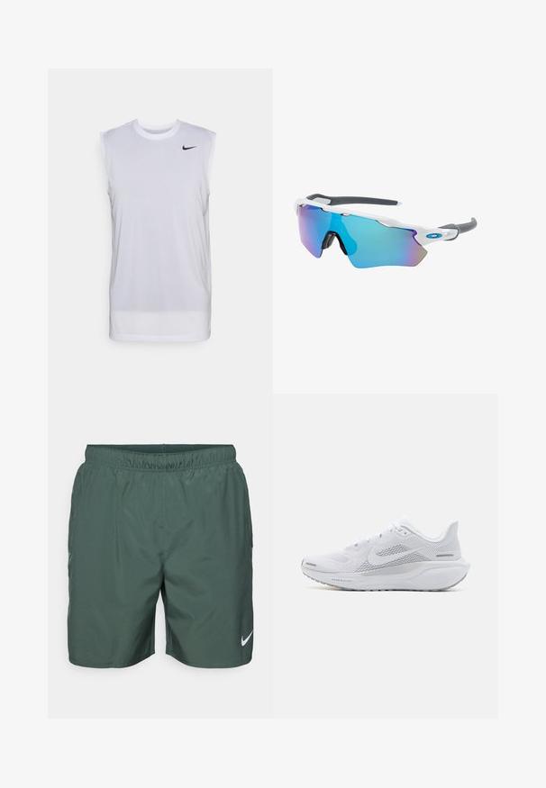 Balts bez piedurknēm sporta krekls, kas izgatavots no viegla materiāla. Tam ir apaļš kakla izgriezums un neliela melna Nike logo augšējā kreisajā stūrī.; Nike Performance CHALLENGER SHORT - Sporta šorti - vintage green/bicoastal/black/silver; Baltā sporta apava ar sieta augšdaļu, gludām tekstūras aplikācijām, pelēkiem akcentiem, šņorēm un amortizētu zoli, kas izstrādāta veiktspējai.; Saulesbrilles ar baltu rāmi, pelēkiem akcentiem un ziliem spoguļobjektīviem. Sportisks dizains, apņemjoša forma un regulējami deguna spilventiņi.
