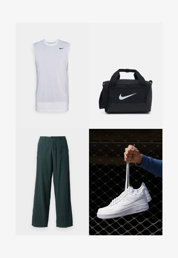 Valge ilma varrukateta sportlik särk, mis on valmistatud kerge materjali. Omab ümmargust kaelust ja väikest musta Nike logo vasakul ülal.; Roheline plekist lai säärega püksid sirge lõikega; sisaldab nööbi kinnitust ja kahte külgtaskut. Tekstureeritud, ribidega kangas.; Valged nahast tennisetossud, millel on perforatsioonid, ümar nina, lame tallus ja paksud nöörid, nähtava swooshi logoga ja "AIR" kontsadel.; Musta duffel kott siledast kangast, kahekordse lukuga sektsioonid, pehmendatud käepidemed ja suur valge Nike logo ees.